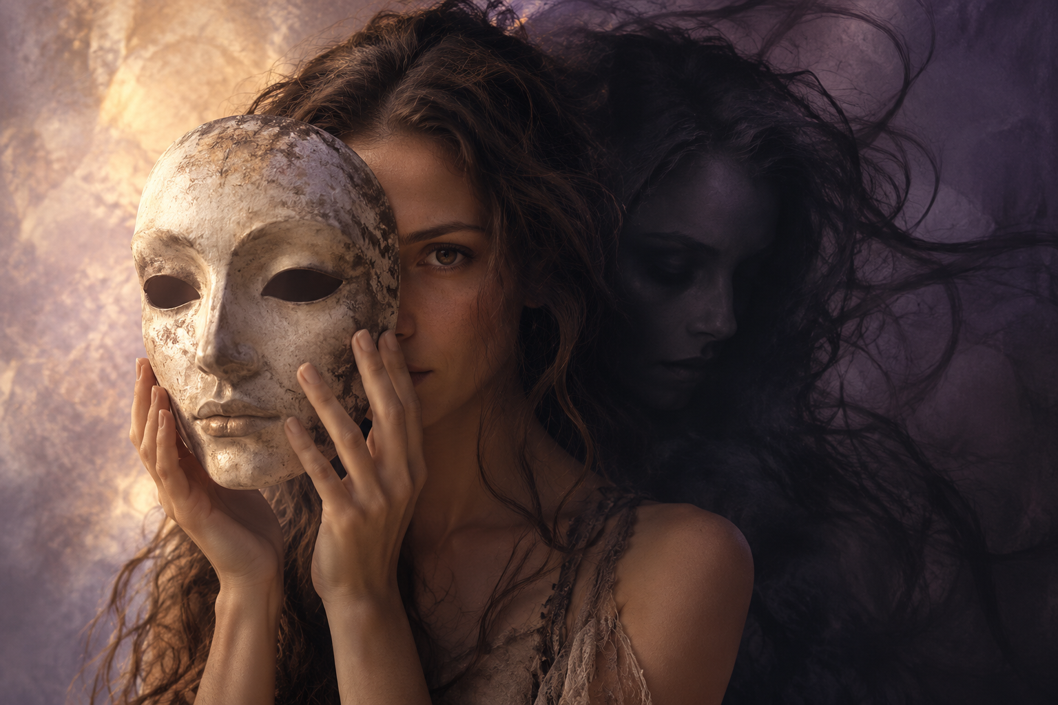 Woman holding a mask, revealing her hidden shadow self
